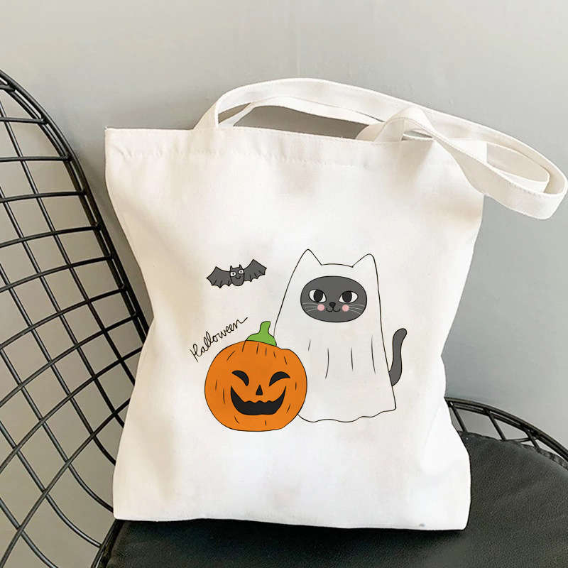 Canvas Material Halloween Unisex Canvas Animal Pumpkin Letter Streetwear Square Open Shoulder Bag Canvas Bag