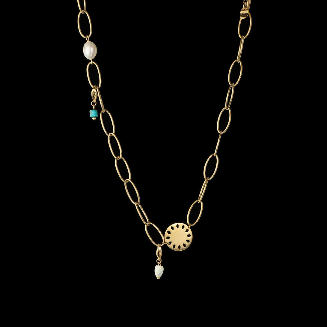 Vintage Hollow Chain Circle Pendant Turquoise Pearl Trend Titanium Steel Necklacepicture3