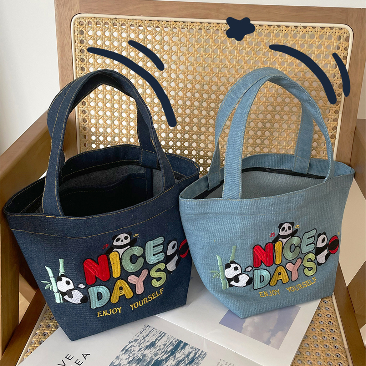 Lindo bolso de mano de mezclilla de dibujos animados bordado bolsa de almuerzo de moda bolso portátil cremallera bolso de la momia