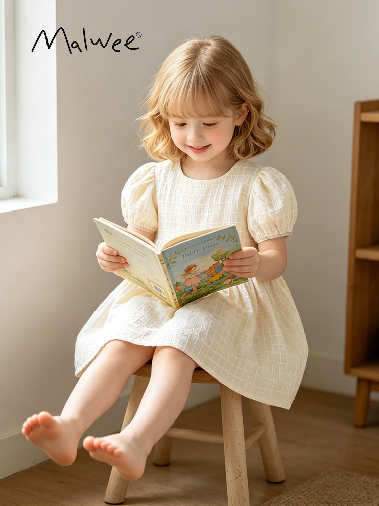 Vestido Corte A para Niña de Algodón, Manga Corta, para Uso Diario