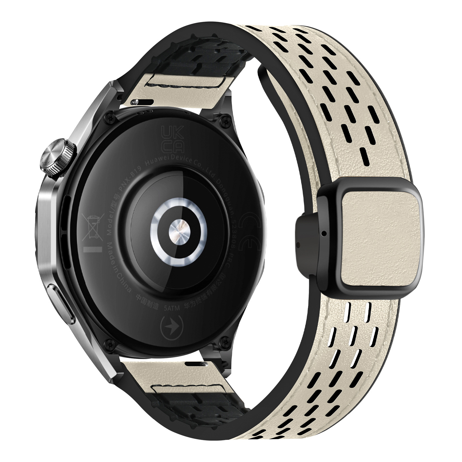 瘋馬紋磁吸方扣洞洞透氣硅膠貼真皮錶帶適用華為GT5小米S4手錶