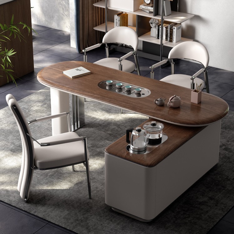 Juego de mesa y silla de té de kung fu moderno de lujo ligero, combinación de mesa y silla de oficina, tablero grande de alta calidad de madera maciza, juego de ceremonia de té, mesa de té integrada