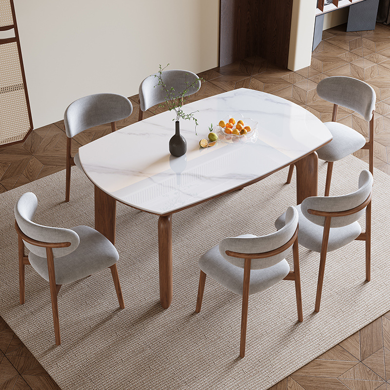 Mesa de comedor y silla de tablero de roca de madera maciza de estilo crema, cuadrado y redondo, apartamento pequeño de doble uso 4-8 personas, mesa para el hogar de madera maciza plegable