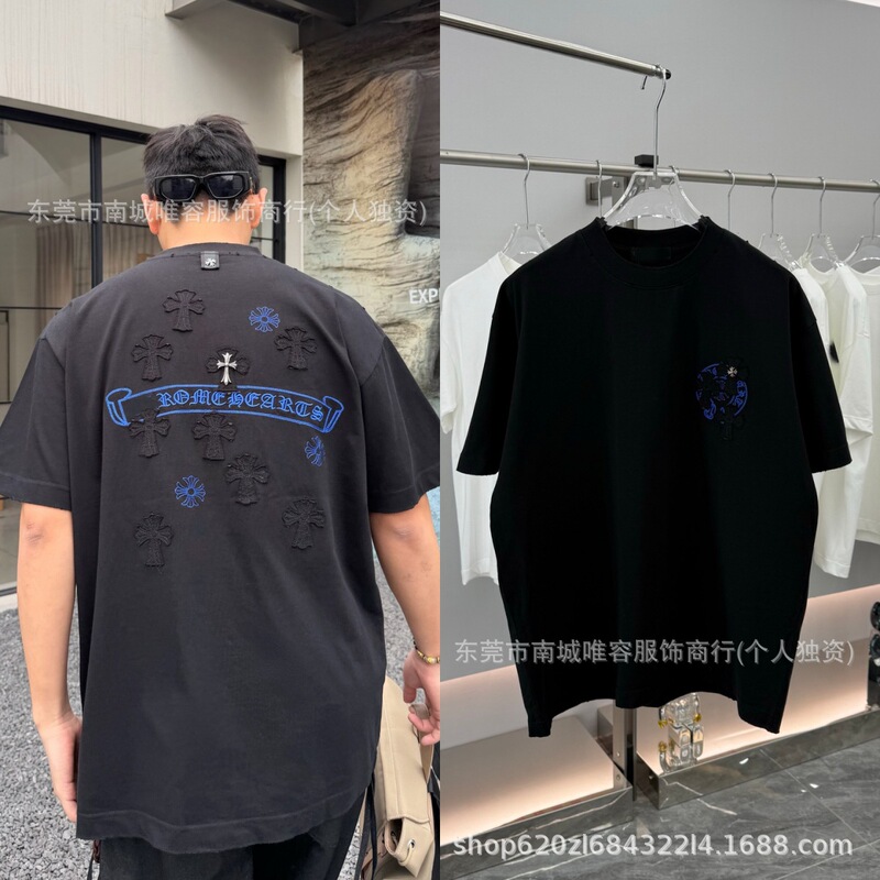 High-Weight Fabric Cross-Border High-Weight Croc-Style Cross Sanskrit Embroidery Logo Short-Sleeve Unisex T-Shirt Loose Fit Round Neck