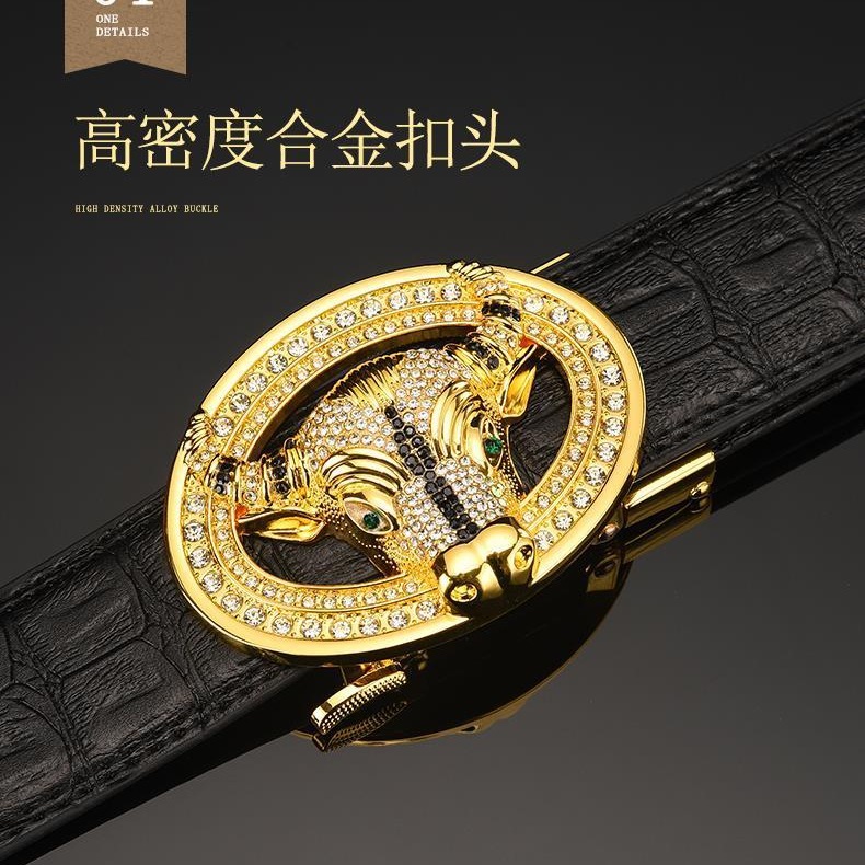 Hot-selling men's automatic buckle casual personalized pants belt Diamond-embedded cow head buckle crocodile pattern printed belt