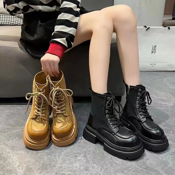 Spring and Autumn New Korean Style Genuine Leather Spliced ​​Canvas Lace-Up Big Toe Martin Boots British Style Thick-Soled Motorcycle Handsome Short Boots