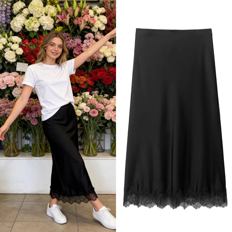 Z Brand Foreign Trade Cross-Border European and American Style Women's Clothing 2026 Spring New Fashion Lace Embellished Silk Satin Midi Dress