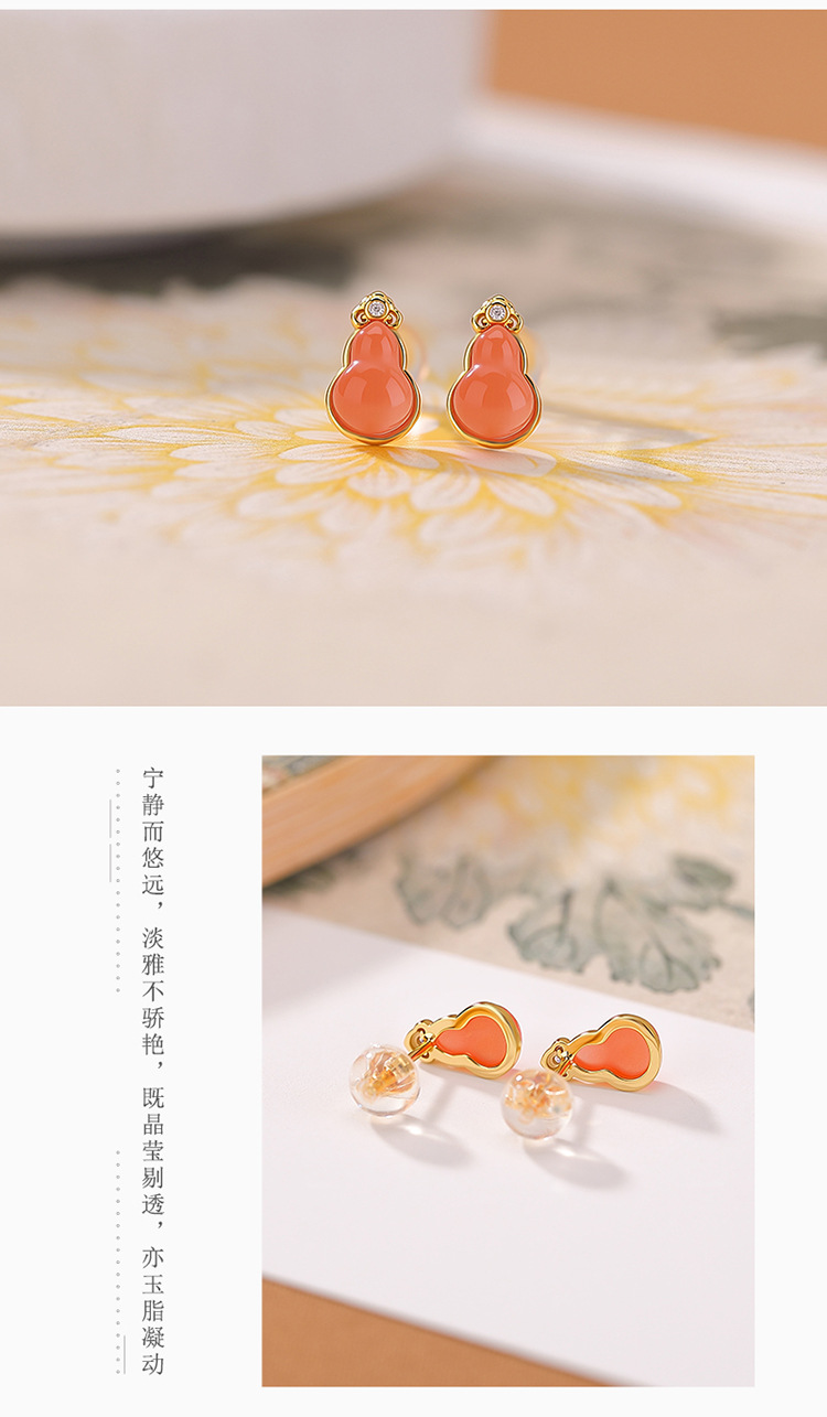 Bông tai bạc S925 mạ vàng đính mã não đỏ và hổ phách hình hồ lô mây lành — Màu hổ phách chi tiết 5