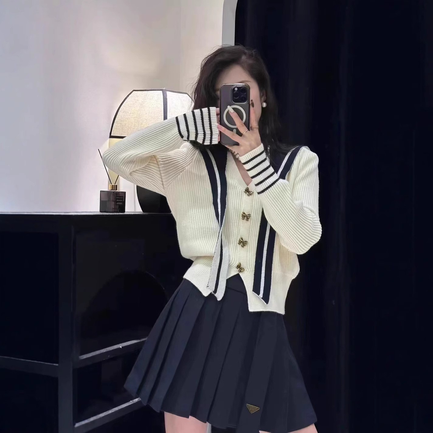 韩版秋冬新款甜美减龄简约海军学院风撞色披肩领小个子针织开衫女