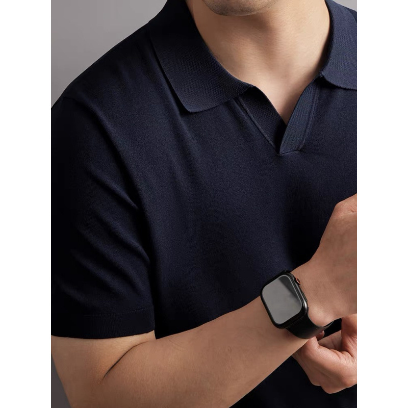 High-end knitted short-sleeved men's Italian seagull collar commuting polo shirt business gentleman lapel cool solid color T-shirt new