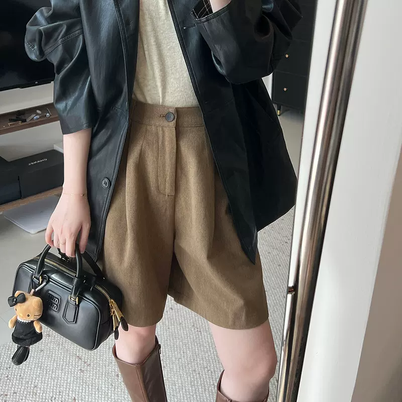 通勤复古百搭高腰显瘦立体挺缝直筒五分西装短裤女休闲阔腿裤