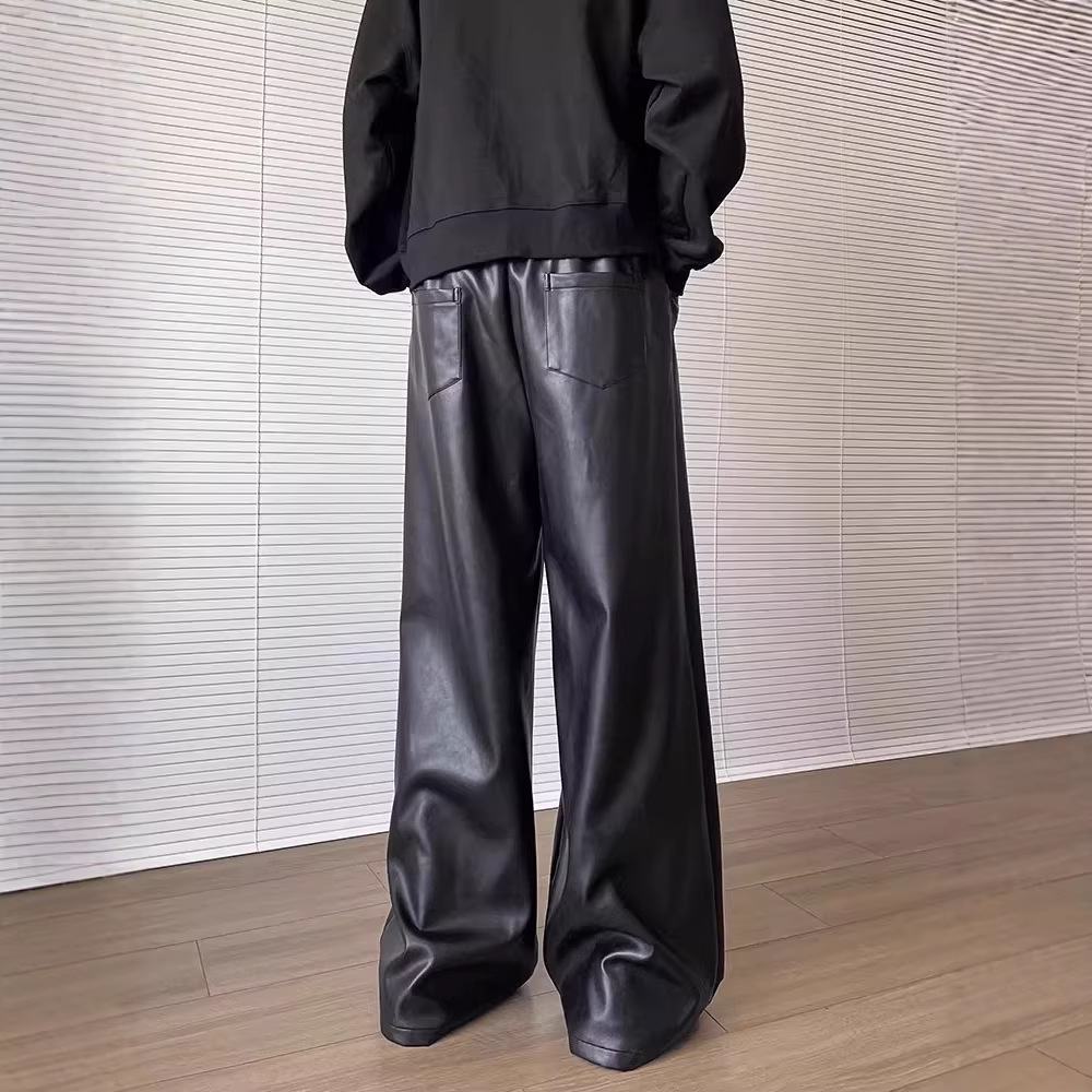 Amerikanische Herren-Motorradhose aus PU-Leder, lässig, trendig, schwarz, locker, gerades Bein, weites Bein, mittelhoher Bund, Frühling/Herbst_voghion.com