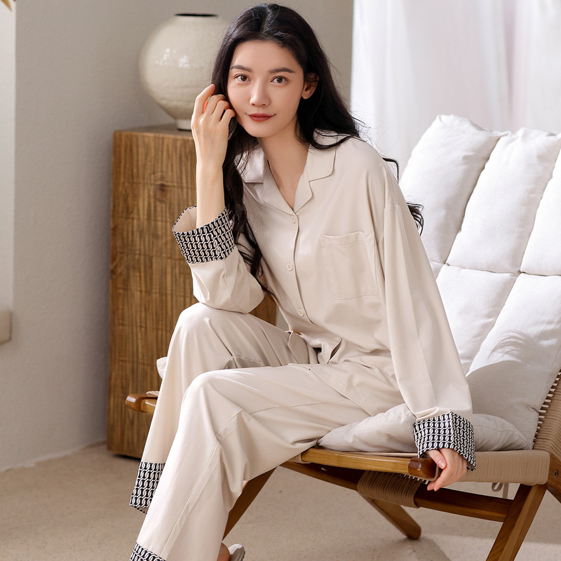 韩版ins风长袖纯棉睡衣女春秋2025新款高级感纯色家居服套装春款|undefined