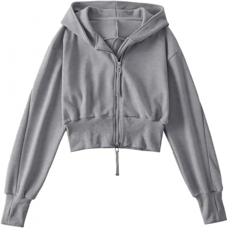 Foreign Trade Cross-Border Women's Clothing Women's Hoodie Double Zipper Sweatshirt Long-Sleeved Short Pullover with Thumb Holes