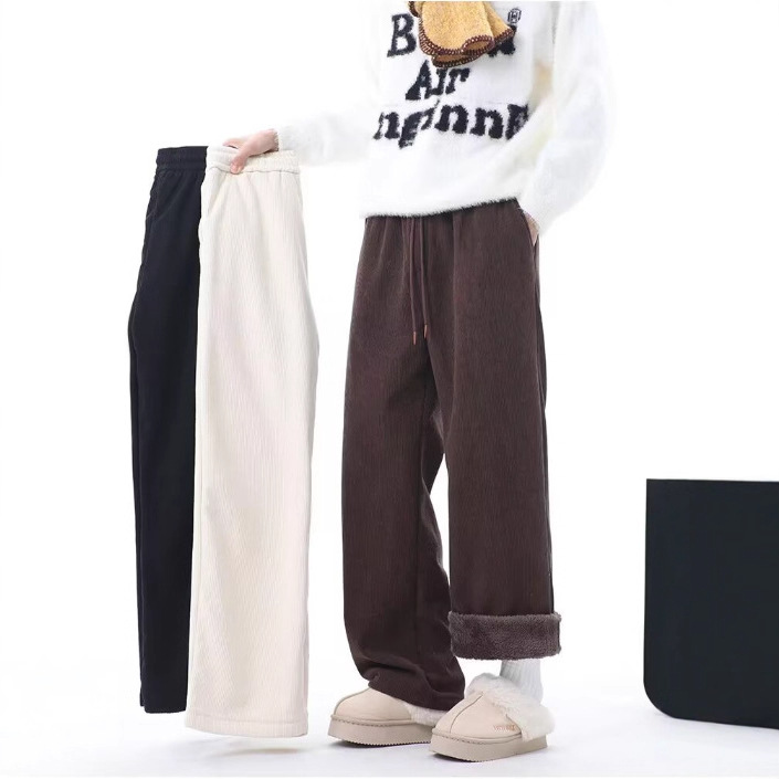Fleece-lined and thickened corduroy trousers for men and women, new autumn/winter 2025 style, relaxed fit, loose fit, casual wide-leg pants for tall people, trendy.