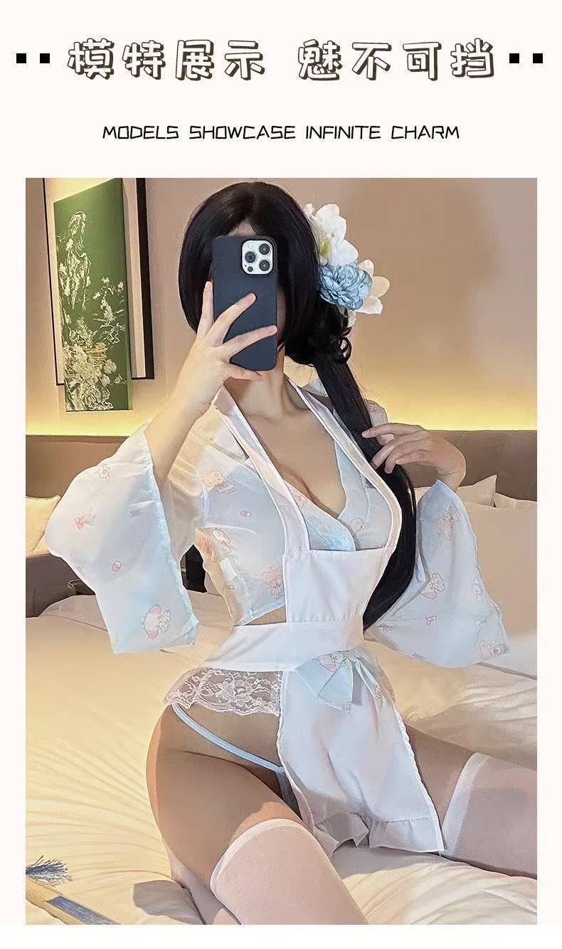 Milk Bunny Maid Uniform Nightgown, Cute Rabbit Print Sleep Dress with Bowknot, One Size Pink — detail image 6