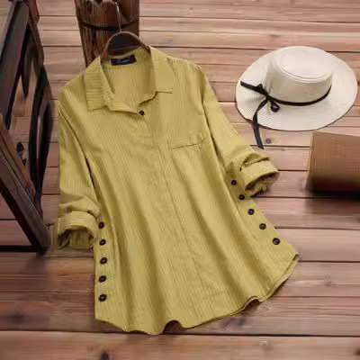Ladies Pure Color Striped Button Cotton Linen Pouch Striped Long-Sleeve Long Dress Shirt Top