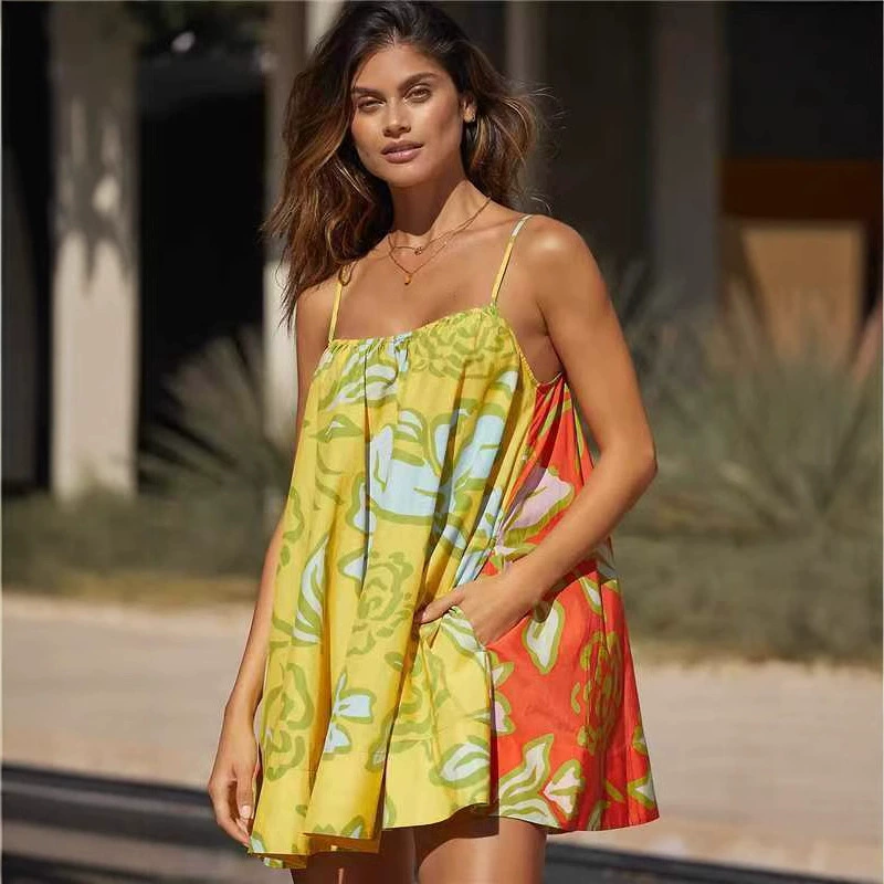 2025 Новое летнее сексуальное платье с подтяжками и принтом в европейском и американском стиле для женщин, курортный стиль, длинная юбка