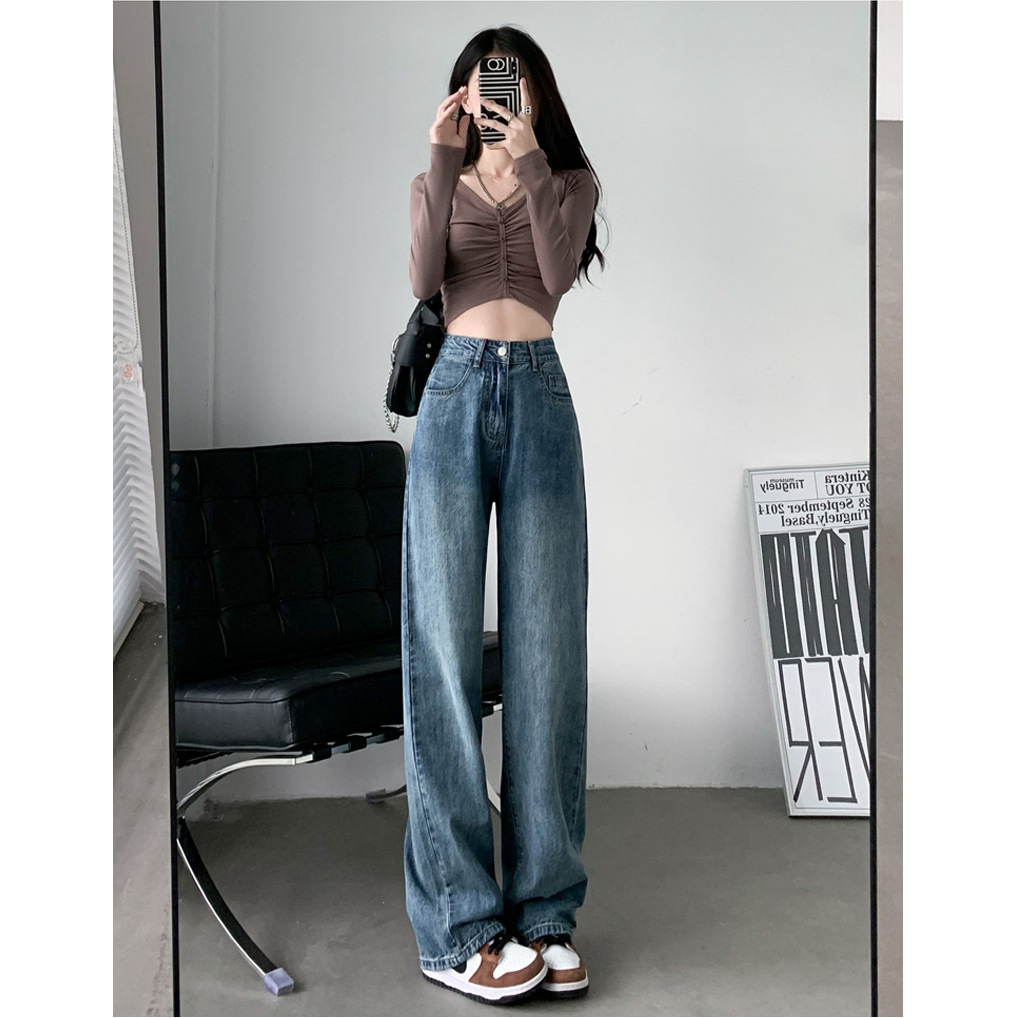 Narrow Wide Leg Jeans Women's Spring and Summer New Loose Casual High Waist Dipped All-match Slimming Straight Pants