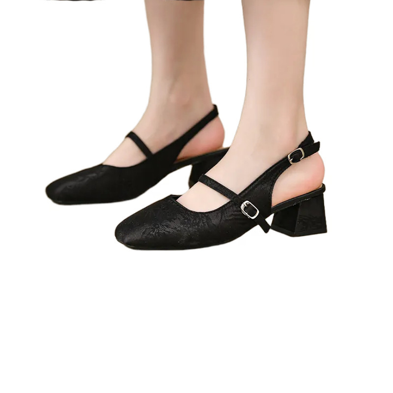 Sandalias de seda chinas de estilo nacional chinas para mujeres con cheongsam, ropa de estilo chino, talón grueso, no cansado, vestido de novia, zapatos de novia