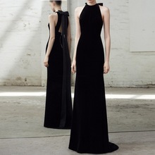 宴会晚礼服女主持人成人礼气质高端名媛风挂脖鱼尾丝绒新娘敬酒服