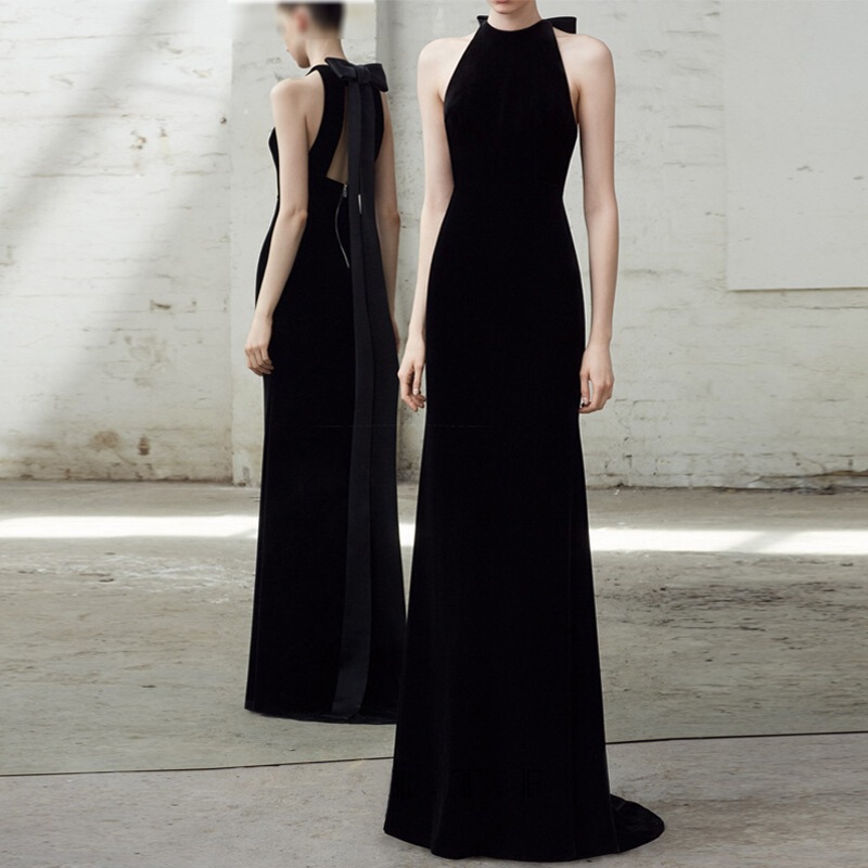 Banquet evening dress female host adult ceremony elegant high-end socialite style halter fishtail velvet bridal toast dress