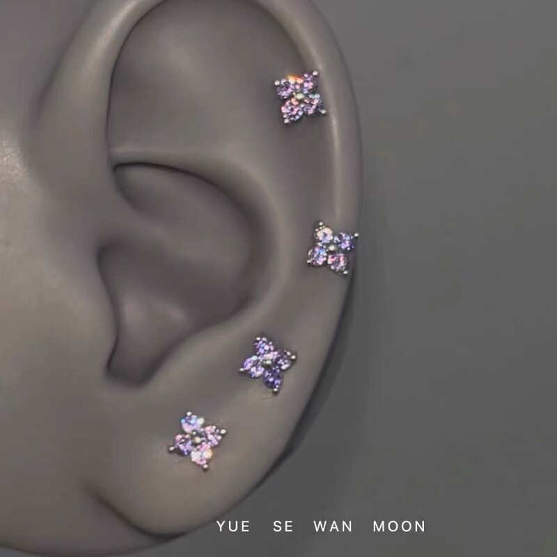 Dreamy Purple Fabric Chelati Mini Four-Leaf Clover Zircon Titanium Steel Ear Bone Nail Niche Unique Fashion Versatile Earrings Dreamy Purple Fabric Chelati Mini Four-Leaf Clover Zircon Titanium Steel Ear Bone Nail Niche Unique Fashion Versatile Earrings