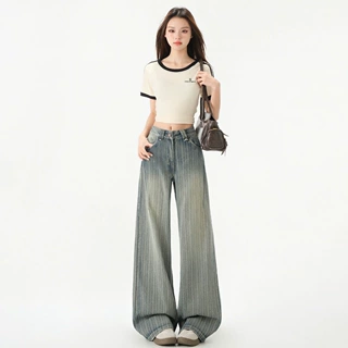 美式高街复古阔腿牛仔裤女2026春季新款高腰宽松显瘦慵懒直筒长裤