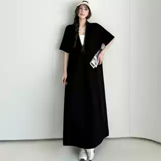 实拍 2026夏季新款黑白撞色时尚搭配宽松气质显瘦半拉链A字连衣裙