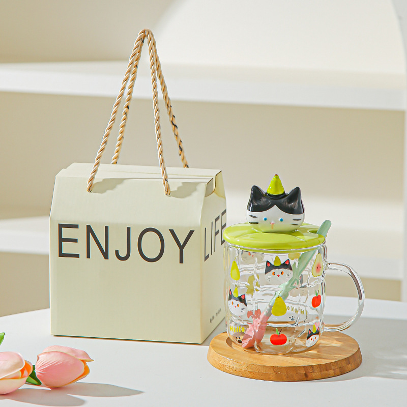 Gato estereoscópico pintado a mano alta resistencia al calor de vidrio de silicio de alta calidad de oficina con cubierta de cuchara de agua taza de dibujos animados taza de marca