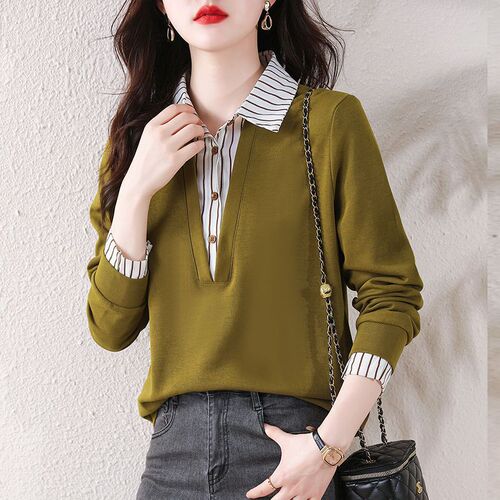 Fashion False Two-Piece Long-Sleeve Women's Shirt 2025 Spring and Autumn New Style Stylish Plus Size Top T-Shirt Outerwear Base Shirt