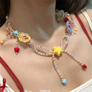 Summer Is All about Cute Dopamine~ Apple-Flavored Candy Paradise Necklace with Cute Beaded Tassels for Women