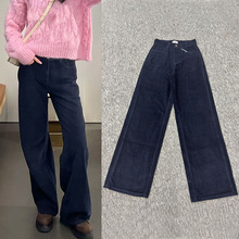 CE藏蓝色牛仔裤女高腰直筒宽松休闲灯芯绒阔腿长裤明星同款欧美风