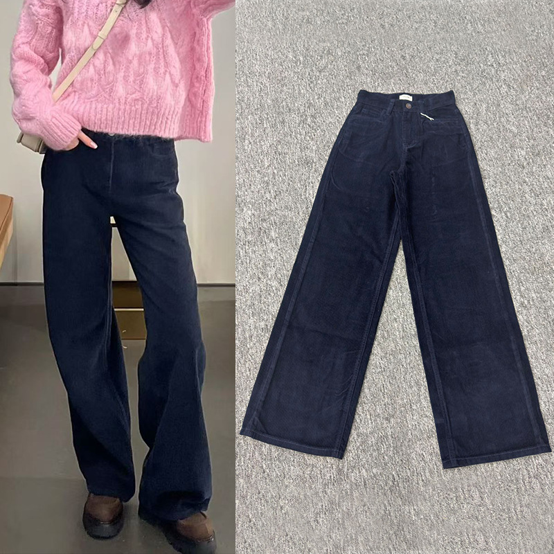 CE藏蓝色牛仔裤女高腰直筒宽松休闲灯芯绒阔腿长裤明星同款欧美风