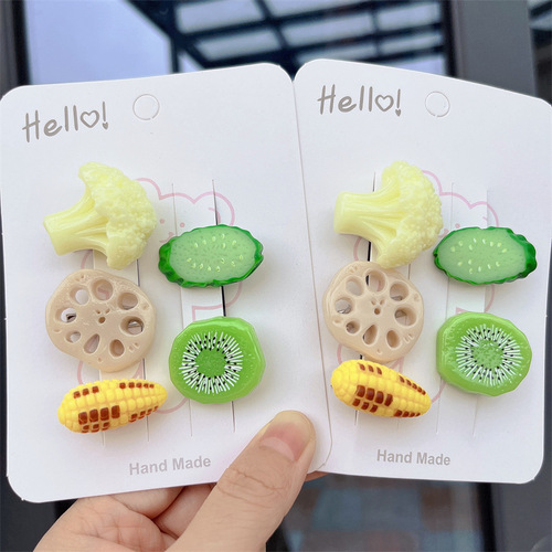 Set of 5 ~ Funny and interesting simulated vegetable food hairpins, cauliflower, lotus root, corn, kiwi fruit hairpins, small size