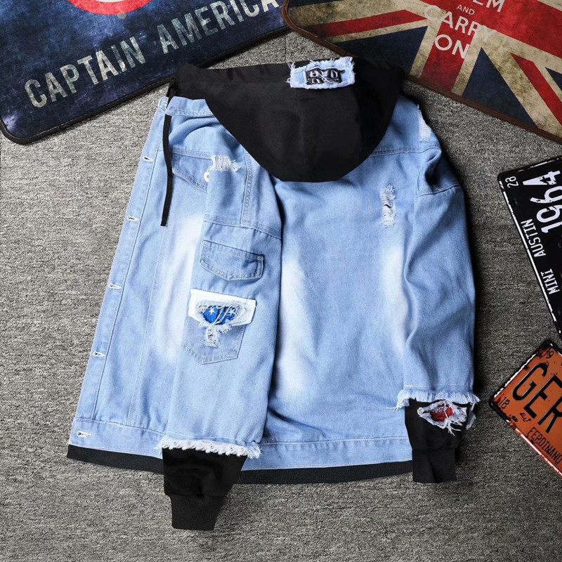 Men's Loose Fit Hooded Denim Jacket Korean Style Workwear Coat False Two-Piece Black Blue Autumn Streetwear with Tags_viptrois.com