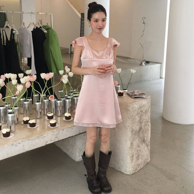 In Stock 2026 Spring/Summer New Korean Designer A*Telieredition Round Neck Lace Dress