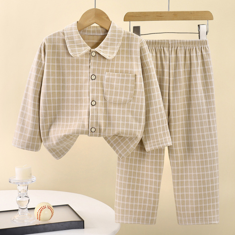 新款童装家居服套装儿童方格子暖绒翻领家居服男童睡衣宝宝居家服|undefined