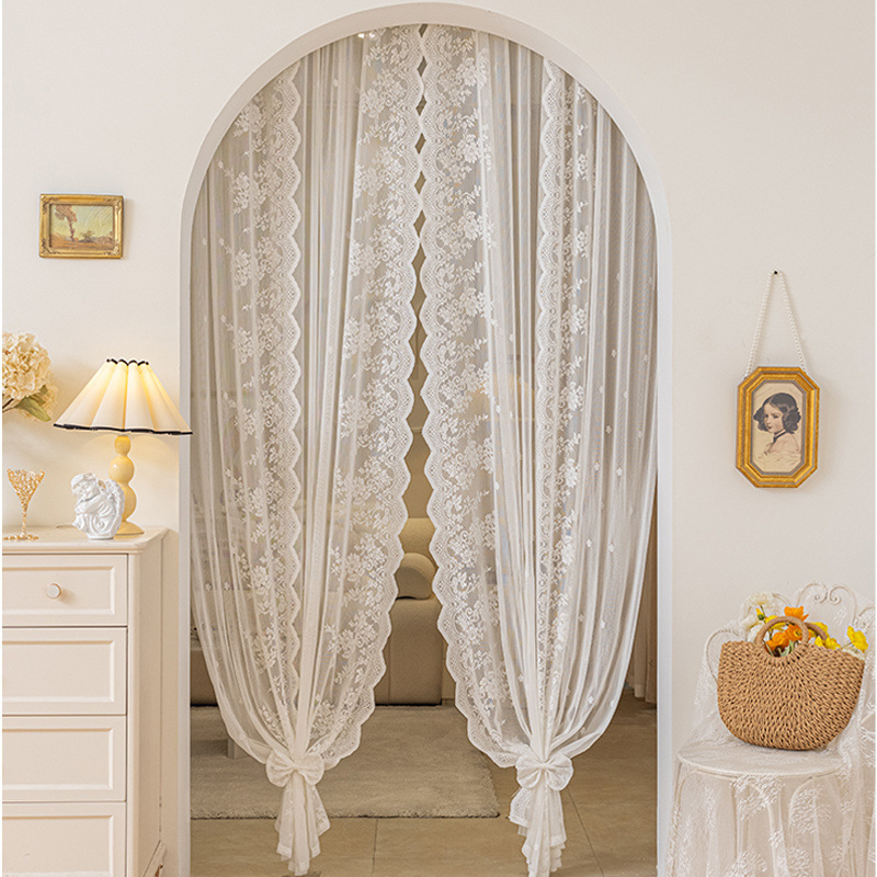 Balcony Living Room Wear Rod Door Curtain Window Shade Bay Window Partition Punch-free French Lace Gauze Curtain Velcro Curtain