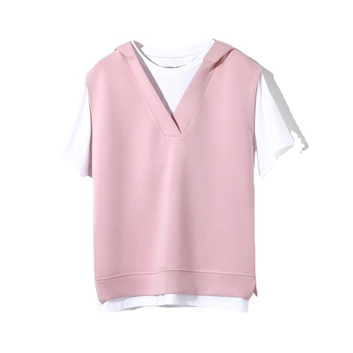 Air Layer False Two-Piece Short Sleeve Sweatshirt for Women, Summer Korean Version Hooded Loose Slimming T-Shirt Simple Top