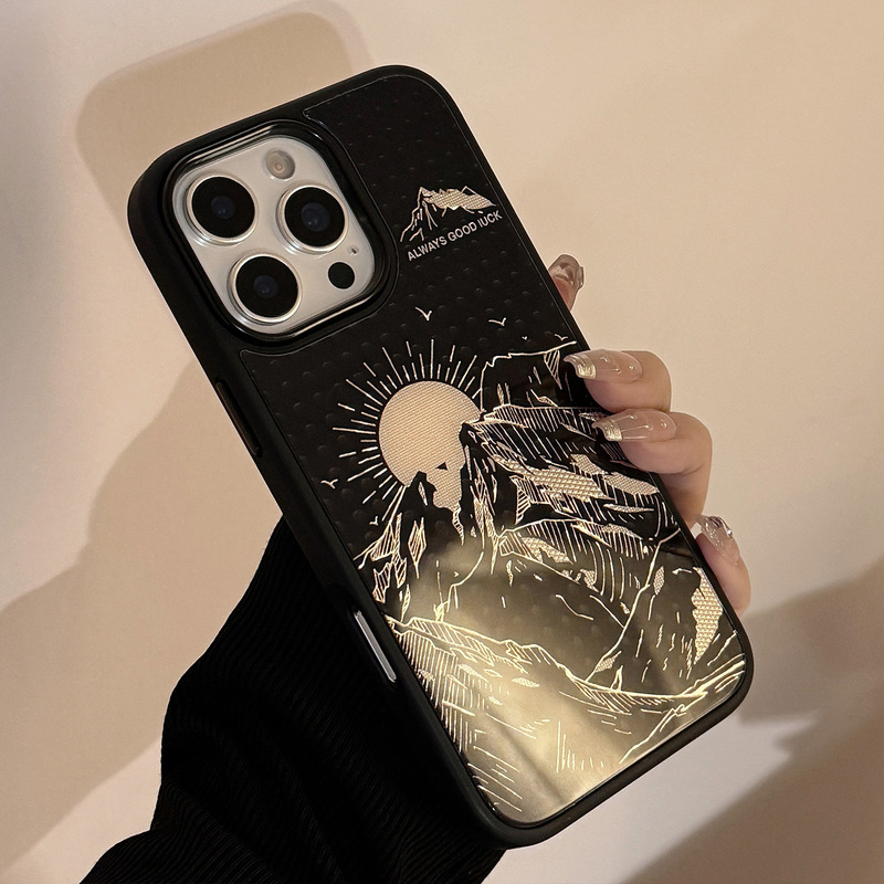 金箔携帯電話ケース Apple 17 Pro Max 保護カバー iPhone 16 日出金山 12対応 15個性派ガラス|undefined