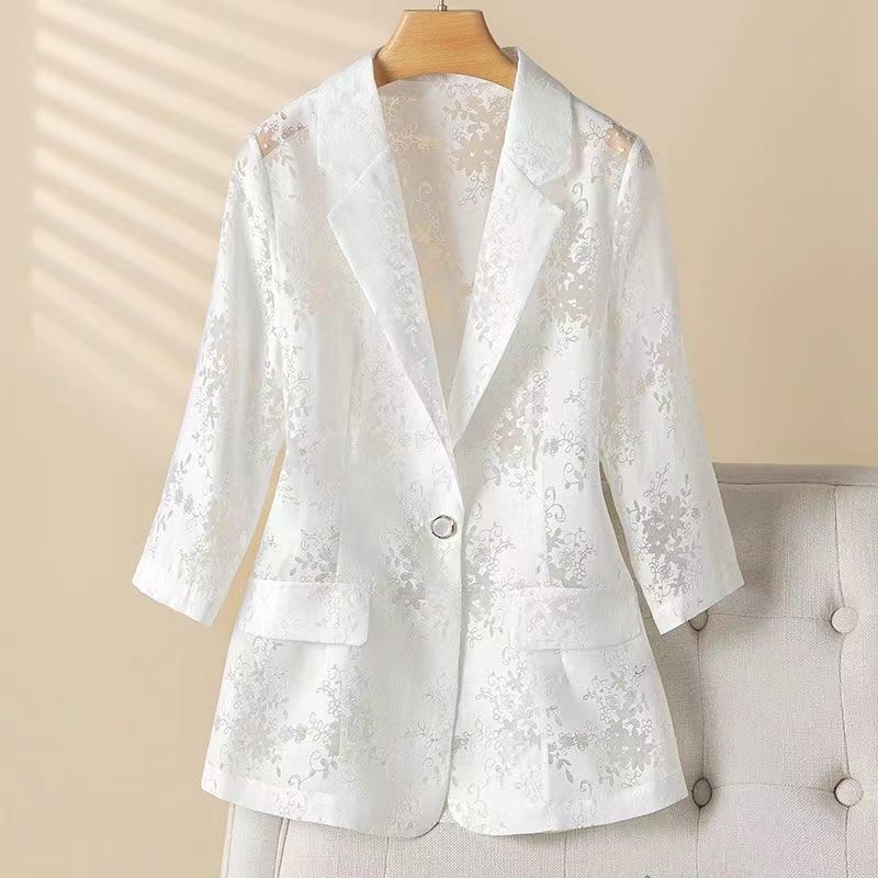 Thin Chiffon Blazer for Summer, European Style, Sun-Protective, Slim Fit, Hollow-Out, Three-Quarter Sleeve, Light Blue Top Thin Chiffon Blazer for Summer, European Style, Sun-Protective, Slim Fit, Hollow-Out, Three-Quarter Sleeve, Light Blue Top