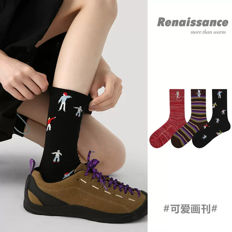 Renaissance袜子女ins潮秋冬新款精梳棉卡通人物条纹无骨中筒女袜