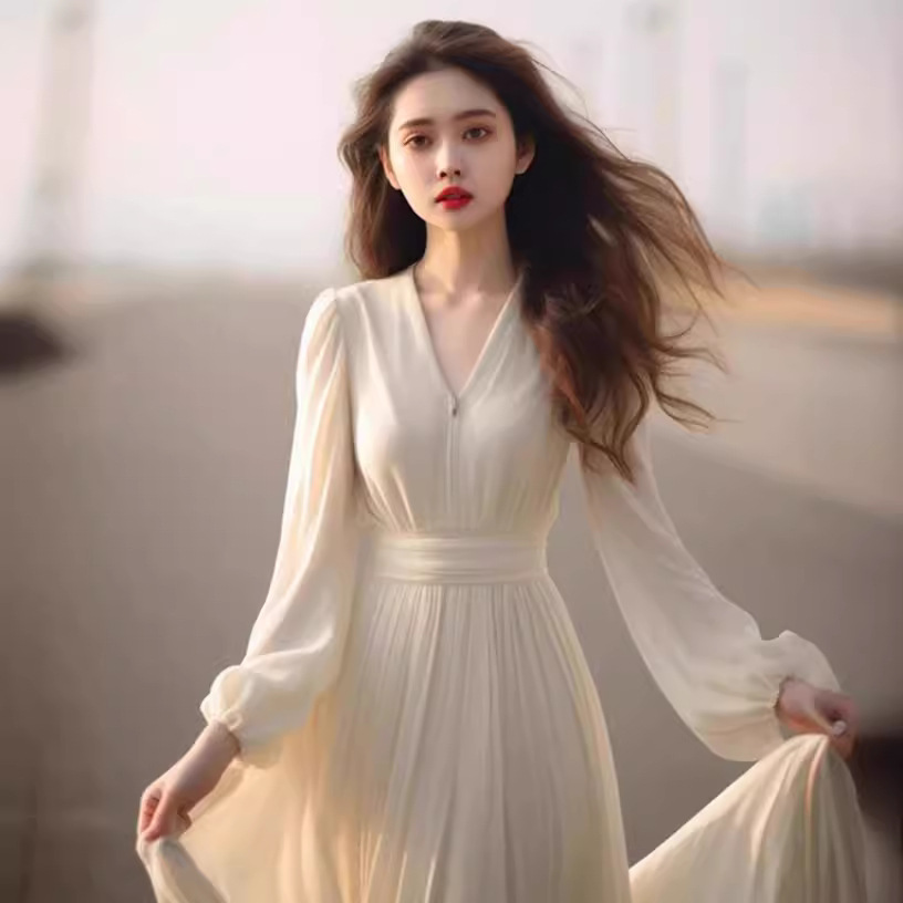 法式高端精致掐腰打底长裙高级感气质绝美白色V领连衣裙子女春季