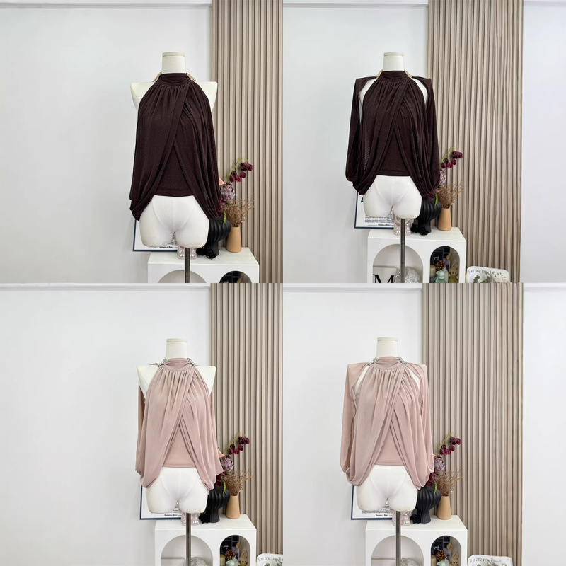 Flowing and Elegant French-Style Metallic Buckle Cape-Style Loose-Fitting Shimmering Vest Top Flowing and Elegant French-Style Metallic Buckle Cape-Style Loose-Fitting Shimmering Vest Top