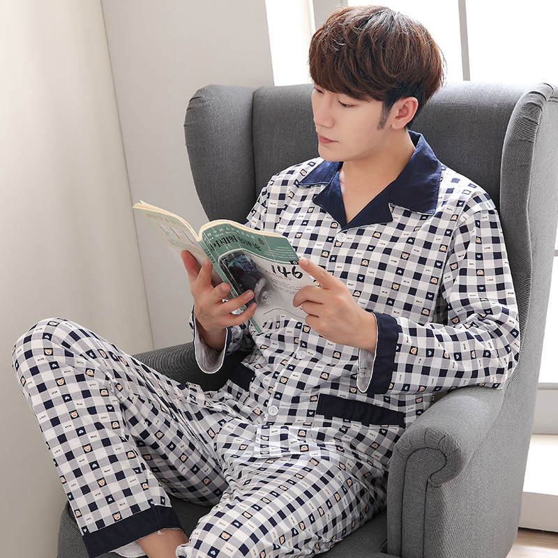 Pijamas de los hombres de manga larga de algodón de primavera y otoño delgada más el tamaño de prendas de vestir exteriores de los hombres pijamas de invierno homewear