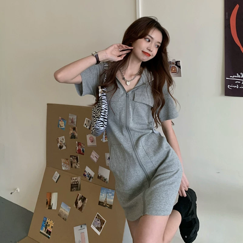 2023 новое летнее женское платье с короткими рукавами в Корейском стиле приталенная повседневная юбка для похудения с капюшоном на молнии Sweetable Salt