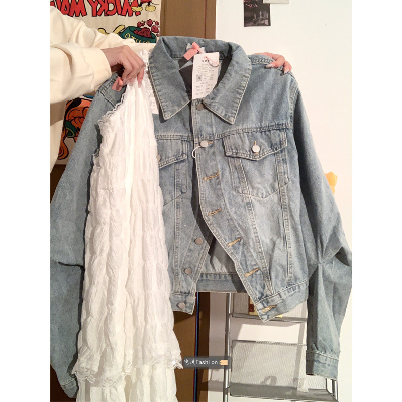 Gentle Wind Cake Strappy Dress Set Women's Autumn American Style Sweetheart Denim Jacket French Retro Long Skirt