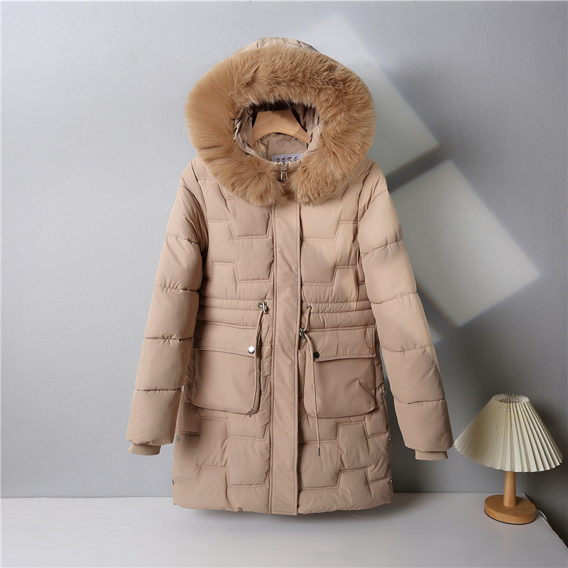 Ropa de algodón para mujeres de invierno largo nuevo cuello de cabello grueso con capuzas de moda de algodón delgada amiga de la moda de abrigo de algodón