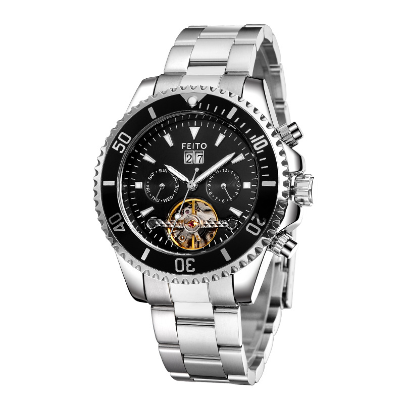 FEITO 8828 nuevo movimiento mecánico de la correa acero calendario hueco luminoso personalidad negocio moda reloj los hombres
